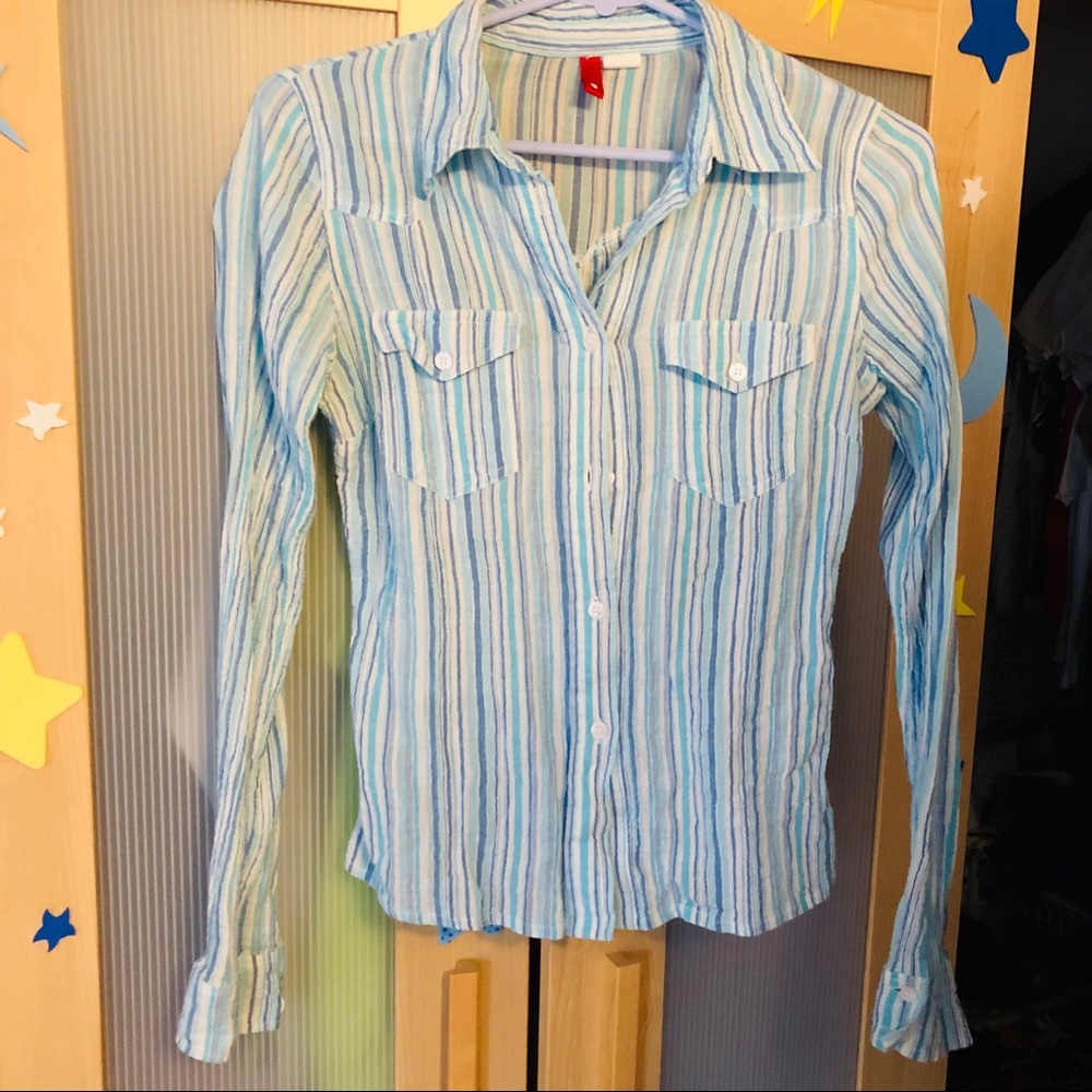 H&M blue linen striped long sleeve collared shirt women's size small